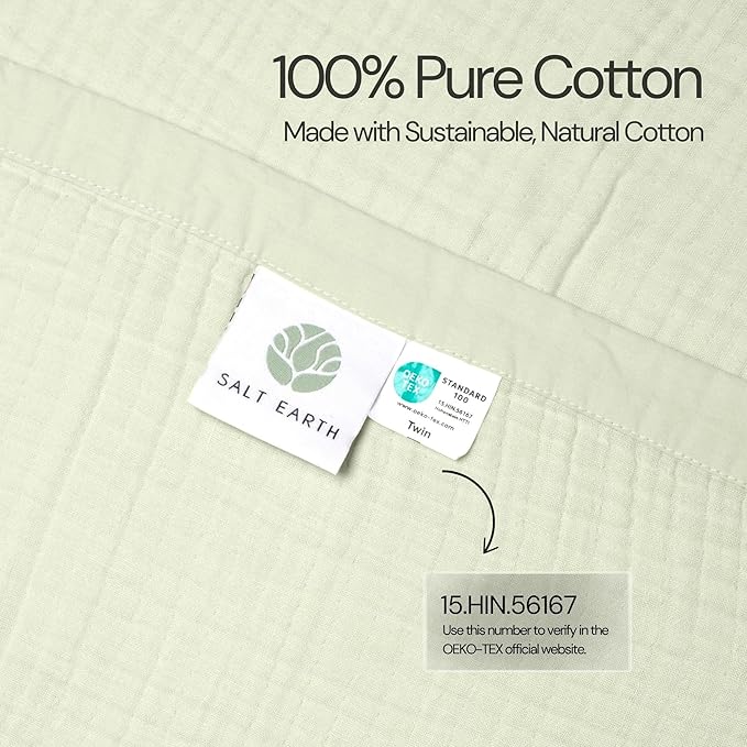 Salt Earth 100% Cotton Muslin Throw Blanket, 55"X75" Twin 4 Layered Gauze Blanket Throw for Couch, Bed, Living Room, Home, Light Christmas Blankets and Throws for Christmas Gifts (Sea Foam)