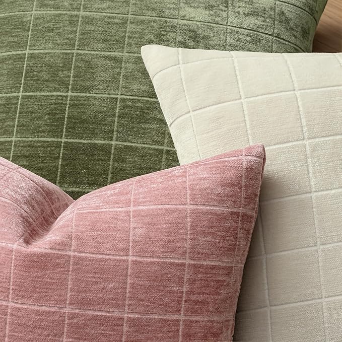 MIULEE Valentines Decorative Chenille Throw Pillow Covers Vintage Plaid Couch Pillows 20x20 Inch Set of 2 Boho Farmhouse Cushion Covers Modern Spring Home Decor for Sofa Bed Living Room Blush Pink
