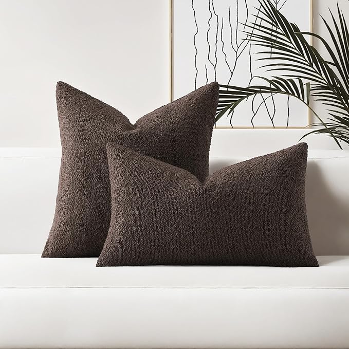 HAUSSY Set of 2 12x20 Decorative Throw Pillow Covers, Soft Cozy Textured Boucle Couch Cases, Home Decor for Couch Bed Living Room, Dark Coffee