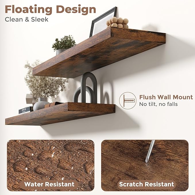 Floating Shelves for Wall with Invisible Brackets, Wall Mounted Engineered Wood Shelves with Wood Grain for Living Room, Bathroom, Kitchen Decor and Storage, Oak, 24"L Set of 2, Rustic Brown
