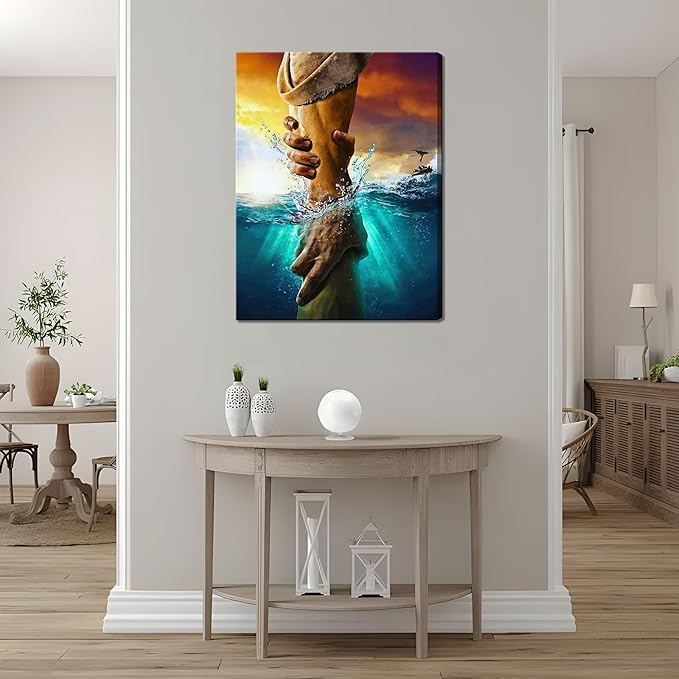Framed Jesus Christian Canvas Wall Art, The Hand of God Jesus Reaching Into Water Religious Wall Decor Paintings, Blue Ocean Bible Pictures Posters Prints for Church Living Room Bedroom 16x24 Inch