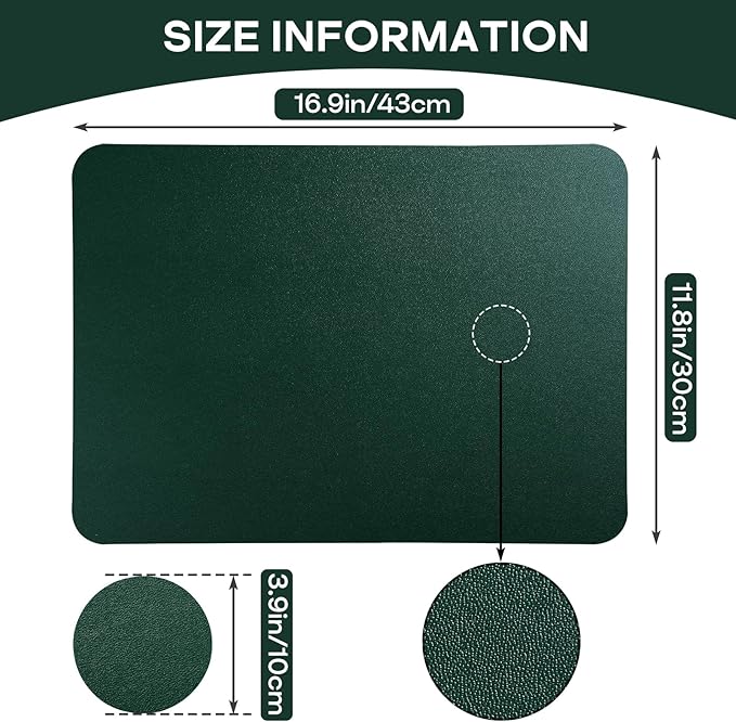 Faux Leather Placemats Set of 6, Vinyl Placemats Heat Resistant Place Mats, Waterproof Oil-Proof Wipeable Dining Table Mats and Coasters for Kitchen, Indoor, Outdoor (Deep Green)