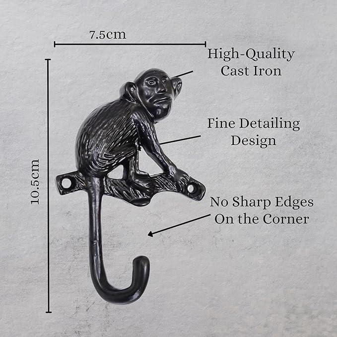 Set of 3 Cast Iron Monkey Shape Coat Hooks Wall Art Decor-Monkey Shape Hangers and Key Holder-Clothes Rack and Backpack Hanger-Coat Hooks Home Decor for Storage, Living Room, Hallway, Office
