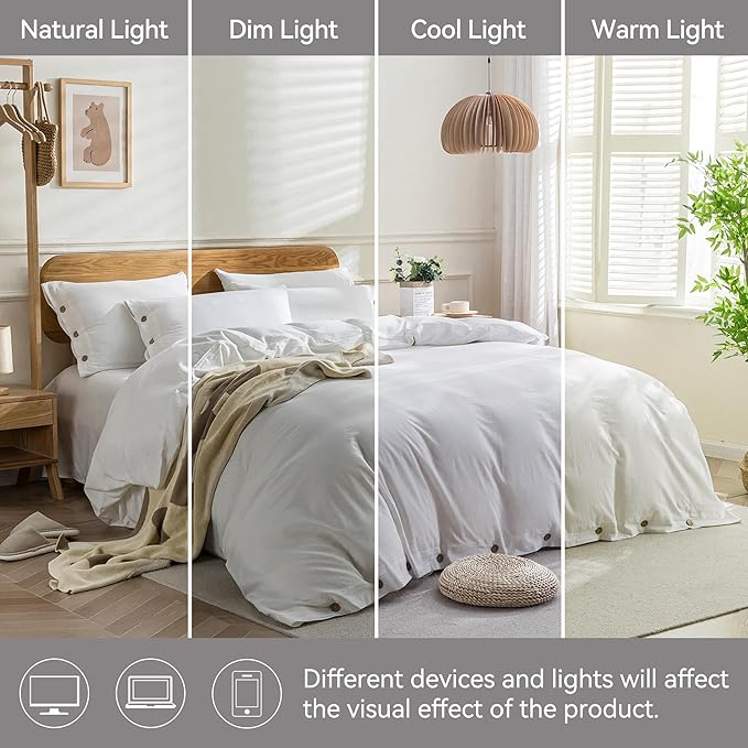 JELLYMONI Cotton Duvet Cover King Size - Bright White Comforter Cover with Button 100% Washed Cotton 3PCS Breathable Soft Solid Bedding Set Duvet Cover 104×90in & 2 Pillowcases (NO Comforter)