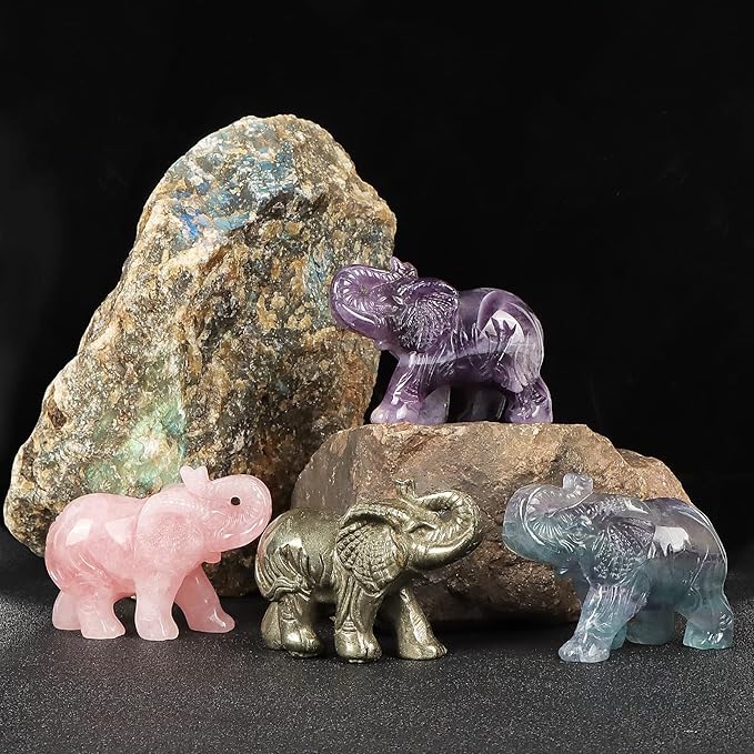 2.5in Hand Carved Rose Quartz Crystal Elephant Statue - Healing Craft Home Office Decor & Gifts