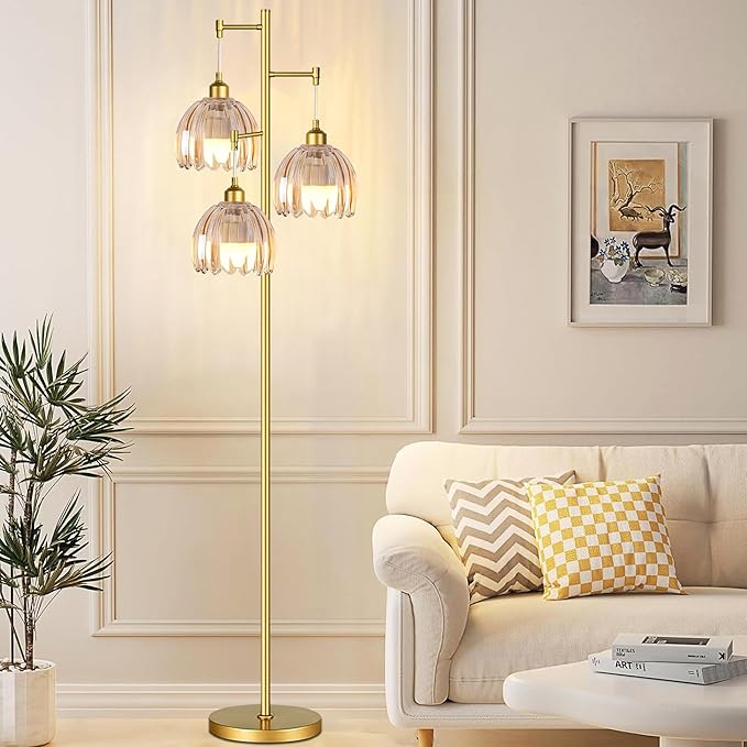ZECOXOL Gold Floor Lamps for Living Room Bedroom-3 Light Glass Floor Lamp with Three Led Bulb, Rustic Tall Floor Lamp Gold Standing Lamp Tree Floor Lamps for Living Room Bedroom,Office,Corner