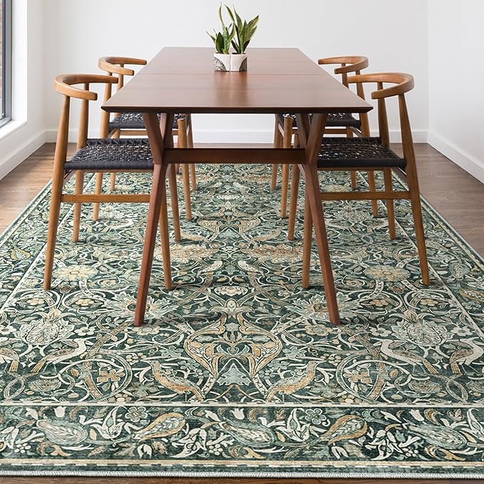 Fortsea 6x9 Drak Green Area Rug for Living Room, Soft Low-Pile Machine Washable Carpet, Retro Pattern Non-Slip Dining Room Rug（6x9 Dark Green）