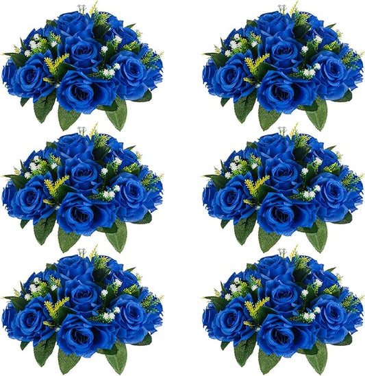 NUPTIO Flower Ball Arrangement Bouquet - 6 Pcs 9.5 inch Diameter Royal Blue Fake Flowers Roses Balls for Centerpieces Tables - Artificial Rose Arrangements for Wedding Centerpiece Table Decorations