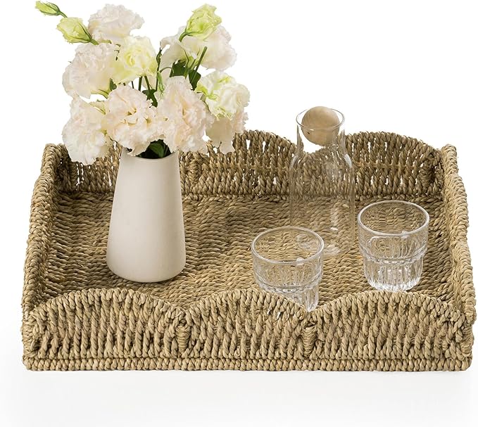 Wicker Tray, Handwoven Woven Tray with Handles and Scalloped Edge, Rectangle Wicker Basket for Home Decor and Organizing, 17.3" L x 13.4" W x 3.6" H