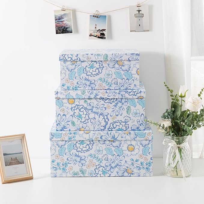 Soul & Lane Decorative Cardboard Storage Boxes For Home Décor, Sky Meadow, Set of 3: Floral Paperboard Nesting Storage With Lids, Memory Boxes For Keepsakes And Photos, Gift Set For Presents