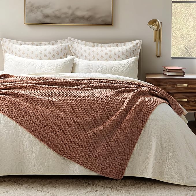 EVERGRACEHOME Chunky Chenille Knit Throw Blanket for Couch, Soft Luxurious Moss Stitch Blankets for Bed, Cozy Decorative Farmhouse Knitted Throws for Sofa, Terracotta Clay, 50" x 60"