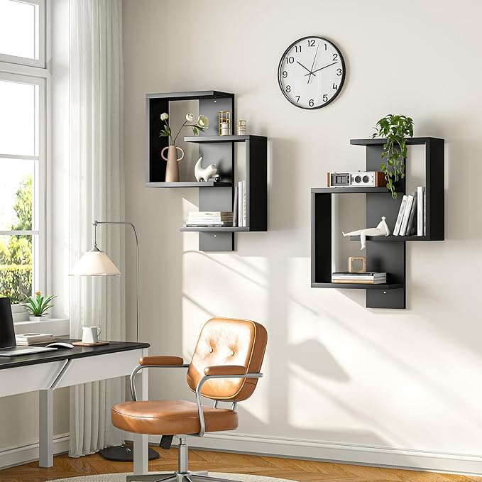 REIBII Multi Functional Floating Shelves, Wall Mounted Shelves, Wood Display Shelf for Living Room, Bedroom, Office, Lack Shelf for Home Decor, Black