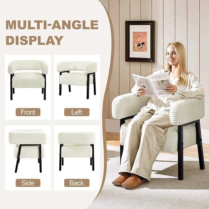 Yaheetech Corduroy Barrel Accent Chair, Modern Upholstered Armchair with Solid Wood Legs, Cozy Leisure Chair with Pocket Coiled Seat for Living Room, Bedroom, Reading Nook Beige
