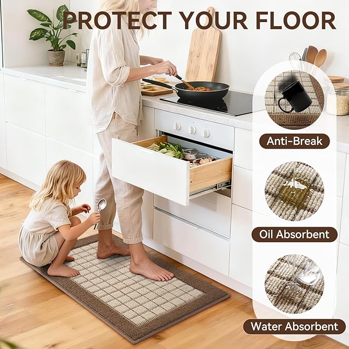 Kitchen Mats for Floor 17"x30", Non-Slip Washable Kitchen Rugs, Absorbent and Stain Resistant Kitchen Rug, Durable Comfortable Rugs for Kitchen, Hallway, Laundry & Sink, Brown