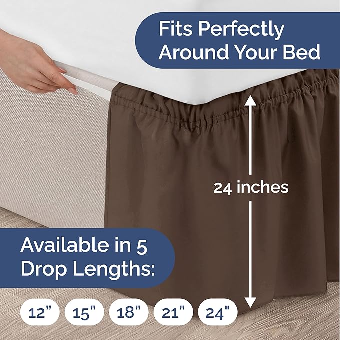 Wrap Around Dust Ruffle Bed Skirt - Brown - for King Size Beds with 24 Inch Drop - Easy Fit Elastic Strap - Adjustable Pleated Bedskirt w/Brushed Fabric - Wrinkle Free - for Women, Men, Kids & Teens
