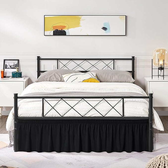 Biscaynebay Wrap Around Bed Skirts with Split Corners for King Beds 16" Drop, Black Elastic Dust Ruffles Adjustable Easy Fit Wrinkle & Fade Resistant Silky Luxurious Fabric Machine Washable