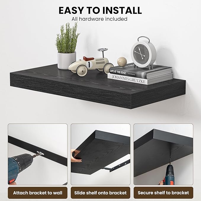 Dreamland 24" Floating Shelves for Wall, 12" Deep Thicker Black Floating Shelves, Wall-Mounted Shelves for Bedroom, Living Room, Kitchen, Bathroom - Set of 2