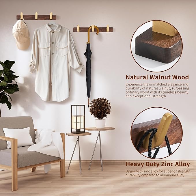 Wall Mounted Coat Rack, Entryway Hanging Coat Rack, Metal Wood Coat Rail with 3 Rustic Hooks Rail for Coat, Scarf, Bag, Towel, Key, Cap, Hat, Walnut Gold Matt