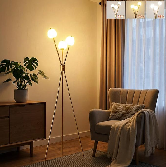 Fiqevs Dimmable Tripod 3 Globe Floor Lamp for Living Room, Mid Modern Gold Floor Lamp with Elegant Frosted Ball Shade and Warm Light LED Bulbs, Standing Tall Lamp for Bedroom, Office - Antique Brass