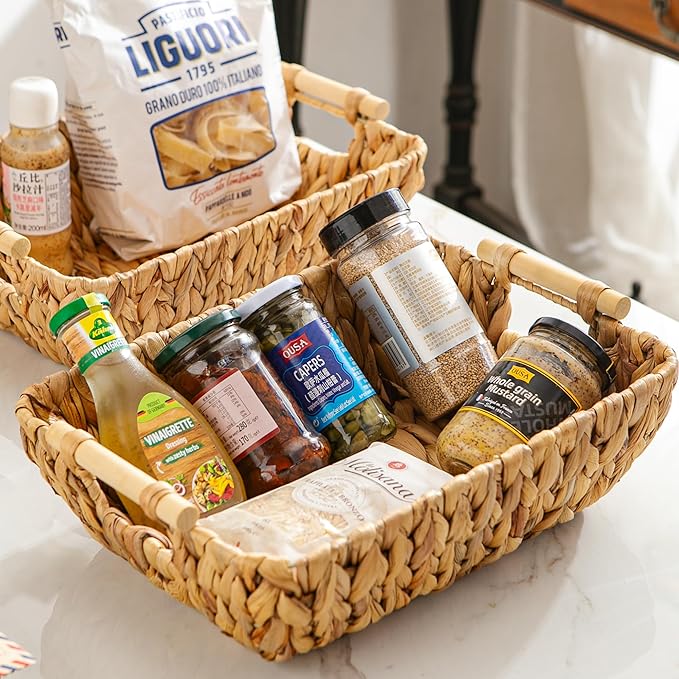 Woven Storage Baskets – Set of 2 Handwoven Water Hyacinth Wicker Baskets with Wooden Handles for Organizing, Decorative Baskets for Laundry Room, Home Decor - 2 Medium
