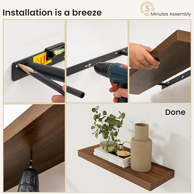 Fun Memories Rustic Wood Floating Shelves for Wall, Space-Saving Wall Mounted Shelves for Bathroom, Bedroom, Living Room and Kitchen, Stylish Storage & Display (Set of 2, Walnut, 36 in)