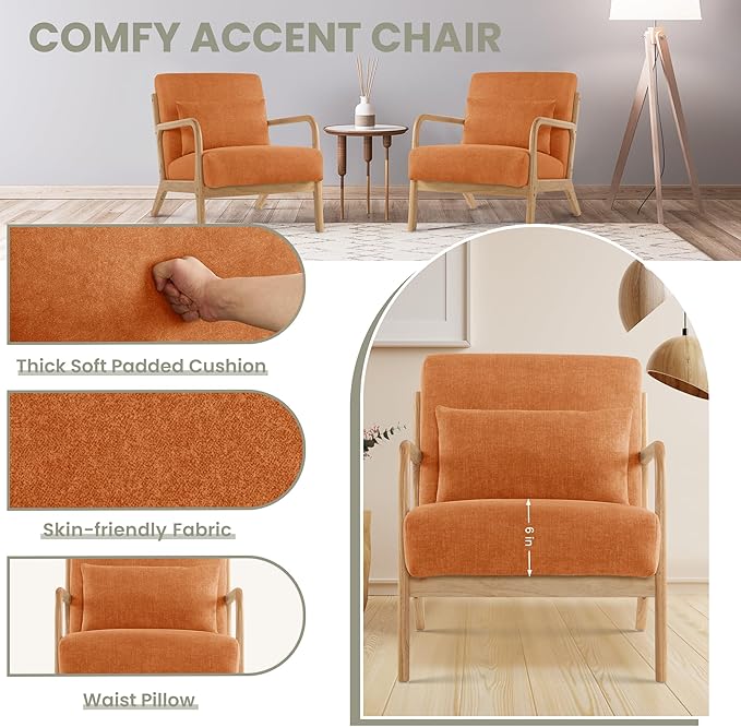 Aunekiv Accent Chair with Pillow Upholstered Mid-Century Chair Living Room Chair for Small Space Solid Wood Frame Reading Chair with Soft and Thick Cushion Armchair for Bedroom Balcony Orange 1PC