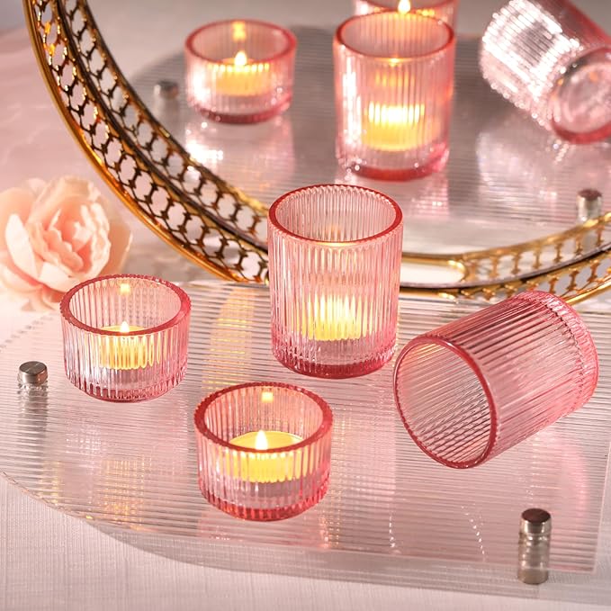 20pcs Assorted Ribbed Pink Votive Candle Holders, Baby Shower Decorations for Girl, Tea Light Candle Holder for Wedding Table Decor, Mother' s Day, Bridal Shower and Party Decorations