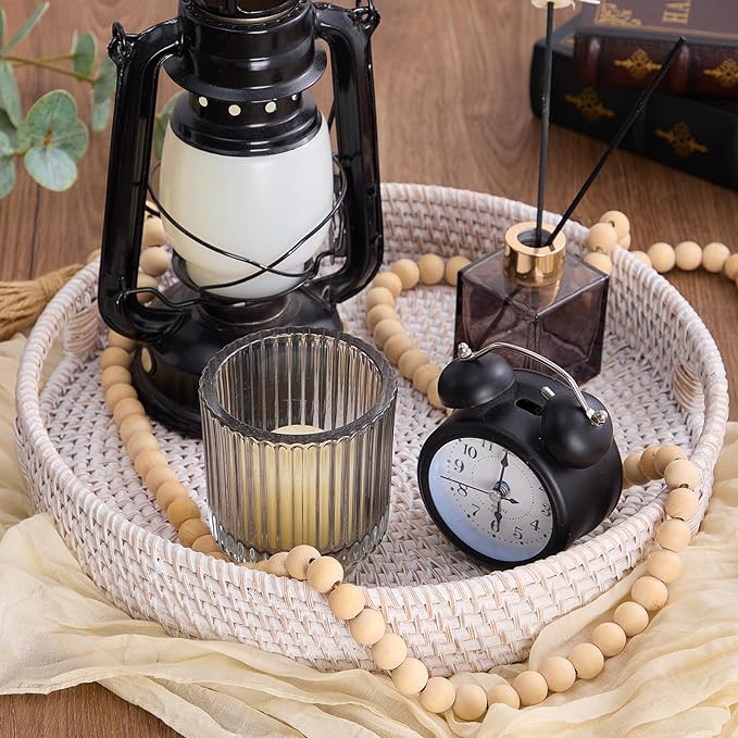 Round Rattan Serving Tray,Hand-Woven Tray with Handles, Ottoman Decorative Coffee Table Tray,Wicker Storage Basket for Tea,Fruit,Bread (Whitewash, 11.8")