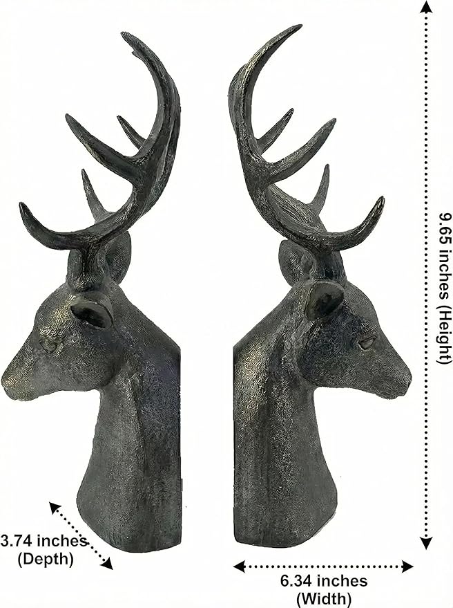 Comfy Hour 15" Tall Deer Head Decorative Bookends, Unique Antique Bronze Stag Buck Statues for Shelves, Heavy Duty Resin Animal Book Ends for Heavy Books, Rustic Lodge Cabin Decor, 1 Pair