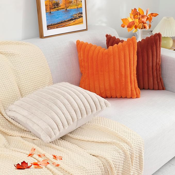 decorUhome Faux Fur Spring Throw Pillow Covers 16x16 Set of 2, Decorative Soft Plush Striped Neutral Couch Pillow Covers with Velvet Back for Sofa, Bed, Living Room Home, Orange