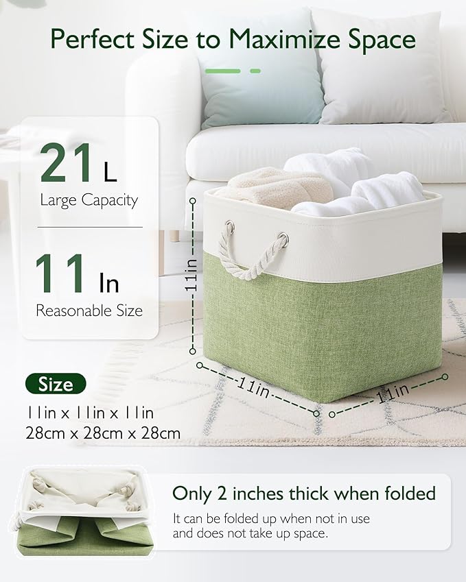11 Inch Storage Cubes 6-Pack, Foldable Fabric Organizer Bins with Rope Handles, Cube Storage Baskets for Closet Shelves and Home Organization(White/Green)