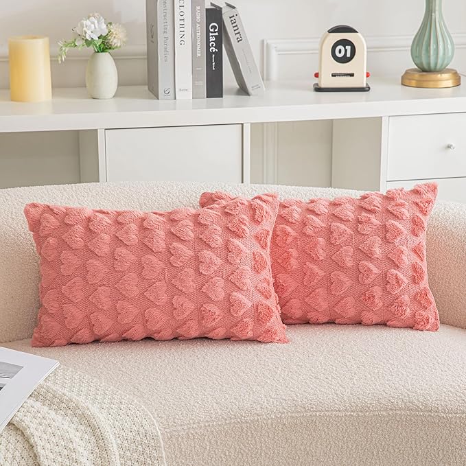 AQOTHES Set of 2 Heart Love Cute Coral Red Decorative Valentines Throw Pillow Covers 12x20, Soft Plush Faux Fur Pillow Covers for Couch Sofa Home Valentines Day Decoration