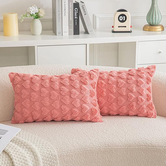 AQOTHES Set of 2 Heart Love Cute Coral Red Decorative Valentines Throw Pillow Covers 12x20, Soft Plush Faux Fur Pillow Covers for Couch Sofa Home Valentines Day Decoration