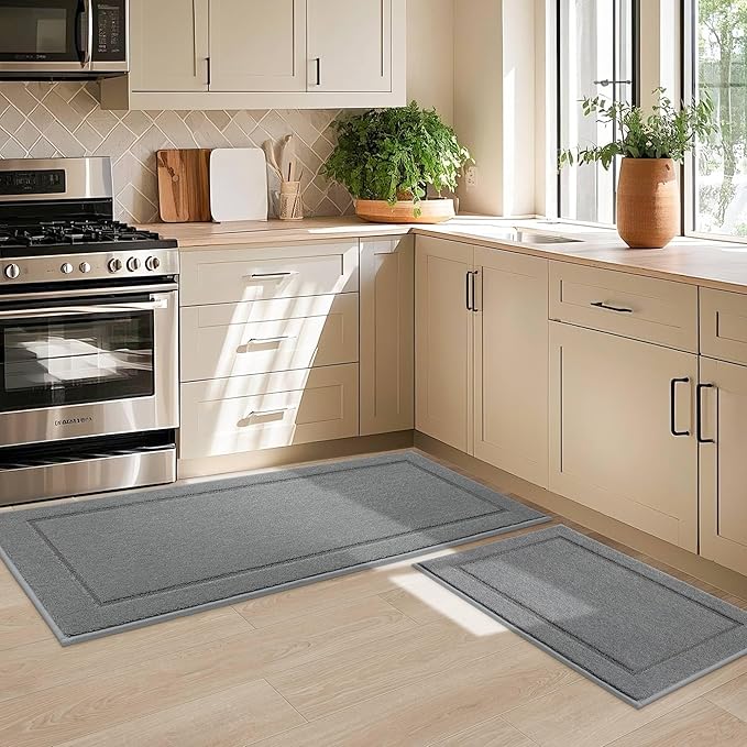 JSEI Non-Slip Kitchen Mats, Self Adhesive No Sliding Kitchen Rugs Set of 2, Washable Absorbent Floor Mat for Kitchen, Bathroom, Laundry Room, Bedroom, 20”x32”+32”x48”, Light Grey, Rectangular Pattern