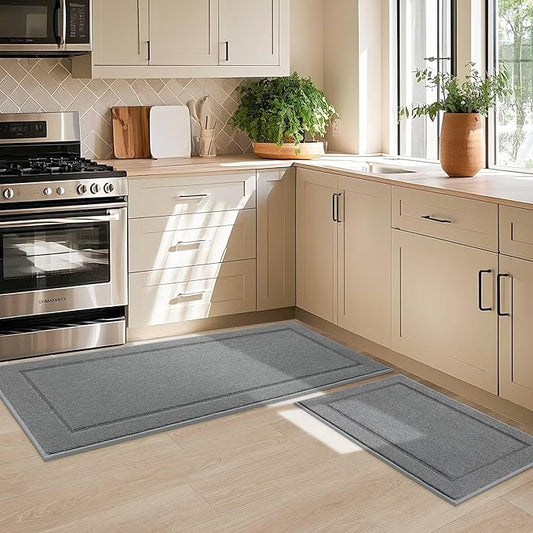 JSEI Non-Slip Kitchen Mats, Self Adhesive No Sliding Kitchen Rugs Set of 2, Washable Absorbent Floor Mat for Kitchen, Bathroom, Laundry Room, Bedroom, 20”x32”+32”x48”, Light Grey, Rectangular Pattern