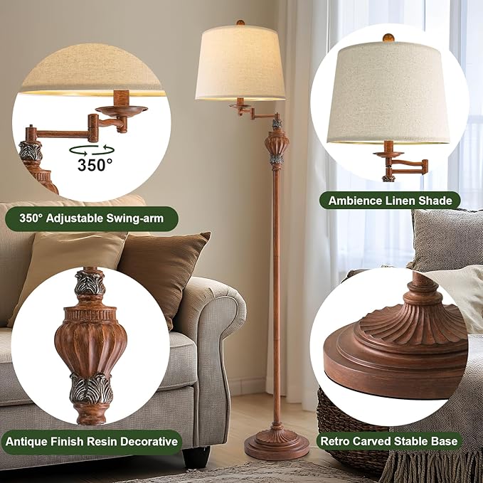 G-SAFAVA 61" Vintage Floor Lamp with 350° Adjustable Swing Arm, Standing Lamp for Bedroom Living Room Bedside Tall lamp Nightstand Retro Farmhouse Mid Century Lamp Light Home Décor Office Gifts