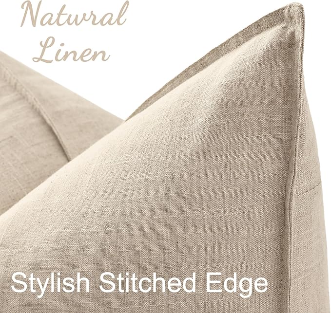 decorUhome Spring Decorative Linen Throw Pillow Covers 18x18 Inch Set of 2 Natural Beige Pillow Covers with Flange Edges Soft Farmhouse Boho Accent Pillow Cases for Couch Bed Living Room