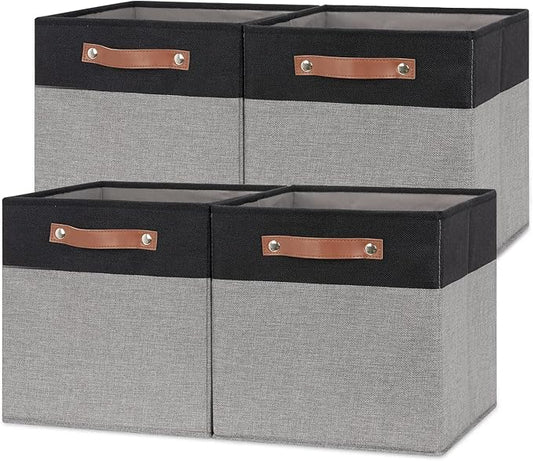 Temary Fabric Cube Storage Bins 12 Inch Decorative Storage Cubes Baskets 4 Pack Foldable Cube Storage Bins for Closet, Shelves (Black&Grey)