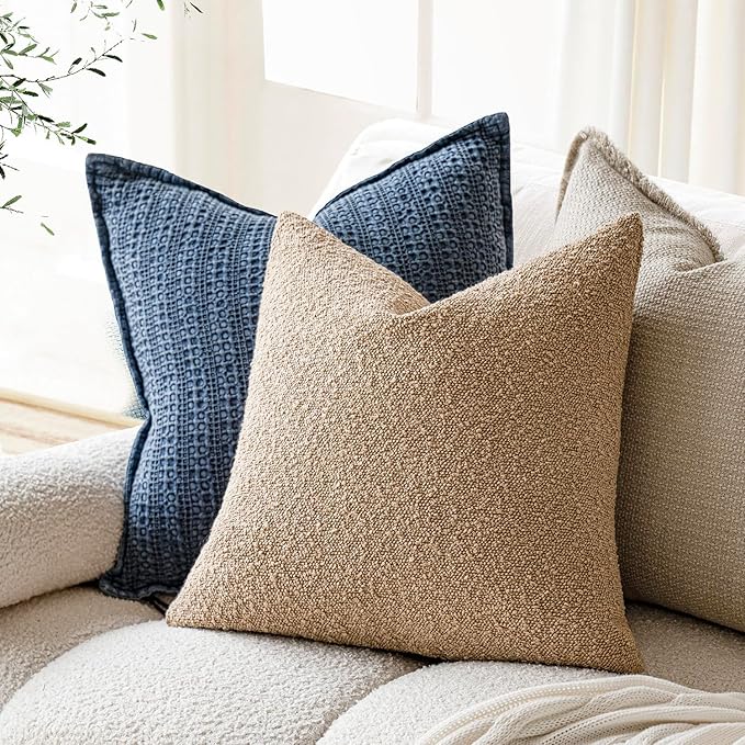 Foindtower Textured Boucle Throw Pillow Covers Accent Solid Pillow Cases Cozy Soft Decorative Couch Cushion Case for Chair Sofa Bedroom Living Room Home Decor, 20 x 20 Inch, Khaki Camel
