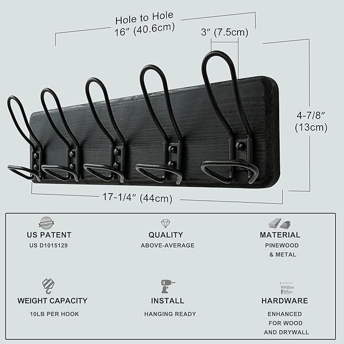 Dseap Coat Rack Wall Mounted - Heavy Duty Farmhouse Rustic Wall Coat Hanger With 5 Wire Hooks for Clothes Hat Jacket Towel, RusticWire, G25A, Black, Pack of 2