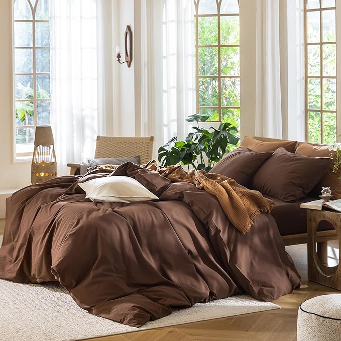 MooMee Bedding Duvet Cover Set 100% Washed Cotton Linen Like Textured Breathable Durable Soft Comfy (Solid Cocoa Brown, Queen 90"x90")
