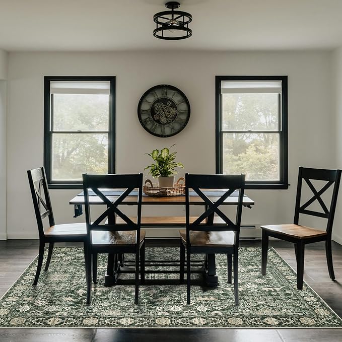 Dotiiorug Area Rug 8×10 Washable Rugs for Bedroom, Vintage Floral Rug Soft Non Slip Stain Resistant Carpet for Living Room Dinning Room Kitchen Home Office Green Black