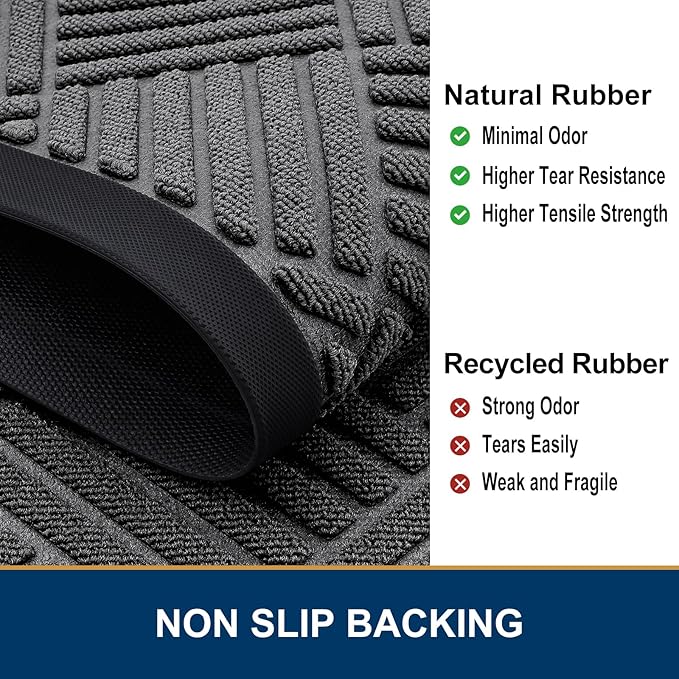 Smiry Front Door Mat Outside Entrance, Heavy Duty Outdoor Indoor Natural Rubber Doormat, Non Slip, Trap Dirt and Moisture, Easy Clean, Low Profile Patio Porch Entryway Mat, 35x23, Grey