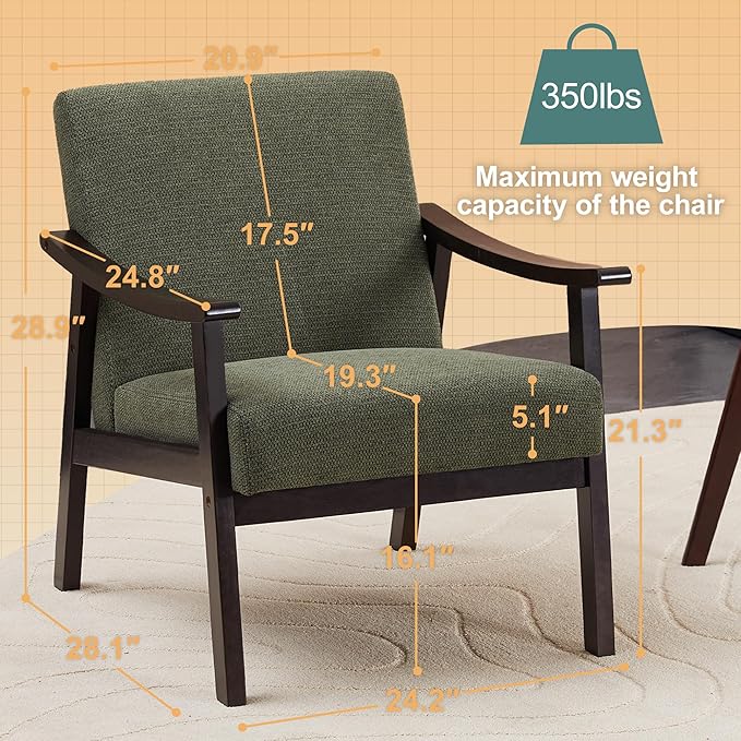 Hjaustevy Corduroy Accent Chair, Mid Century Modern Armchair, Living Room Chairs with High Back Upholstered, Lounge Chair with Solid Wood Frame & Soft Cushion for Bedroom, Reading Room, Olive Green