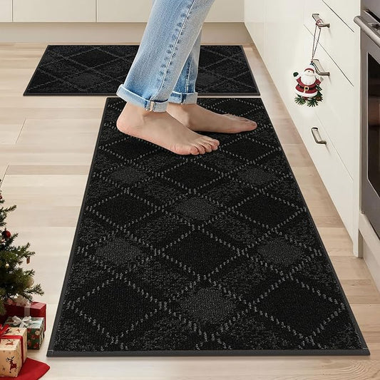 COSY HOMEER Kitchen Rugs and Mats Sets 2PCS Non-Slip Soft Kitchen Mats for Floor Absorbent and Stain Resistant Kitchen Floor Mat Washable Plaid Rugs for Kitchen,20"x32"+20"x48",Black