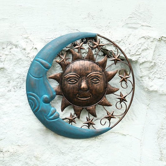 VCUTEKA Sun Face Metal Wall Art Decor Outdoor Sun Moon Patio Garden Fence Deck Yard Pool Wall Sculpture Decoration for Living Room Bedroom Colorful