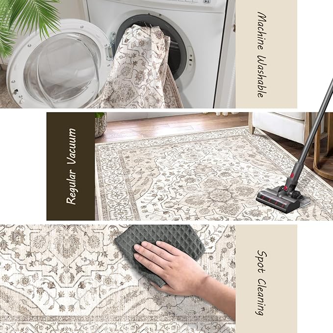 Fortsea 5'x7' Machine Washable Abstract Design Area Rug Machine Washable Area Rugs 5X7, Non Slip, Stain Resistant, Home Decor Living Room Area Rugs 5x7 (Beige Cream 5x7)…