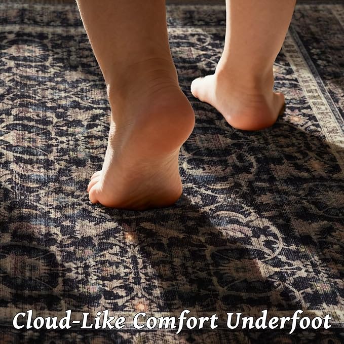 Washable 6x9 Area Rugs for Living Room, Boho Non-Slip Vintage Distress Large Rugs for Bedroom Dining Room Nursery Office, 0.3" Neutral Oriental Throw Thin Carpet, Black/Brown/Blue/Multi