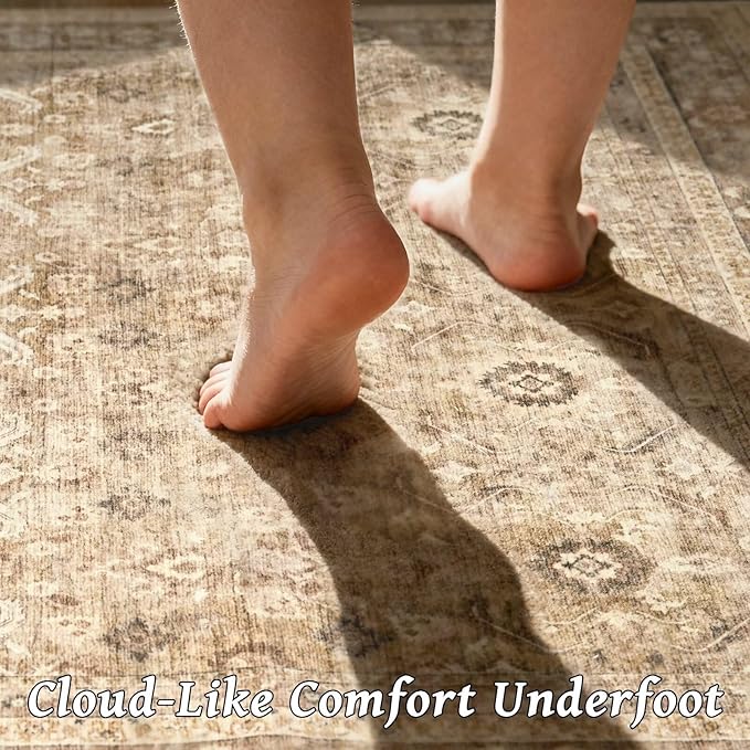 Washable 2x3 Entryway Rug, Boho Non-Slip Door Mat Vintage Distress Small Rugs for Kitchen Nursery Office Bedroom, 0.3" Neutral Oriental Throw Carpet with Cushioning Pad, Brown/White/Multi