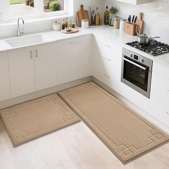 BEQHAUSE Kitchen Rugs Non-Slip Washable Rug Sets of 2, Machine Washable Kitchen Mats Absorbent Soft Kitchen Runner Rugs for Floor,Sink,Hallway,Laundry,24”x36”+24”x60”, Beige